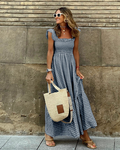 Plaid Ruffled-Sleeve Smocked Maxi Dress