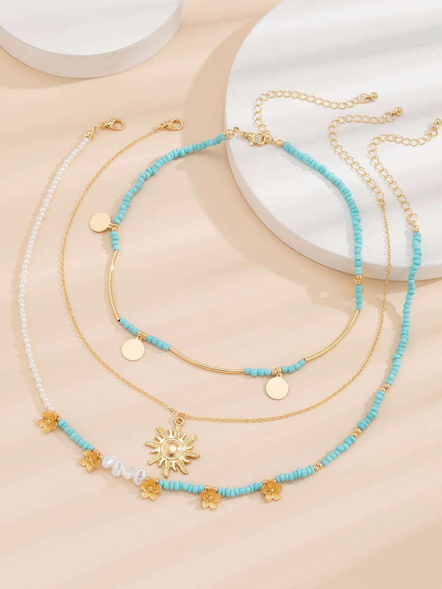 3pcs Sun & Floral Faux Pearl Beaded Necklace