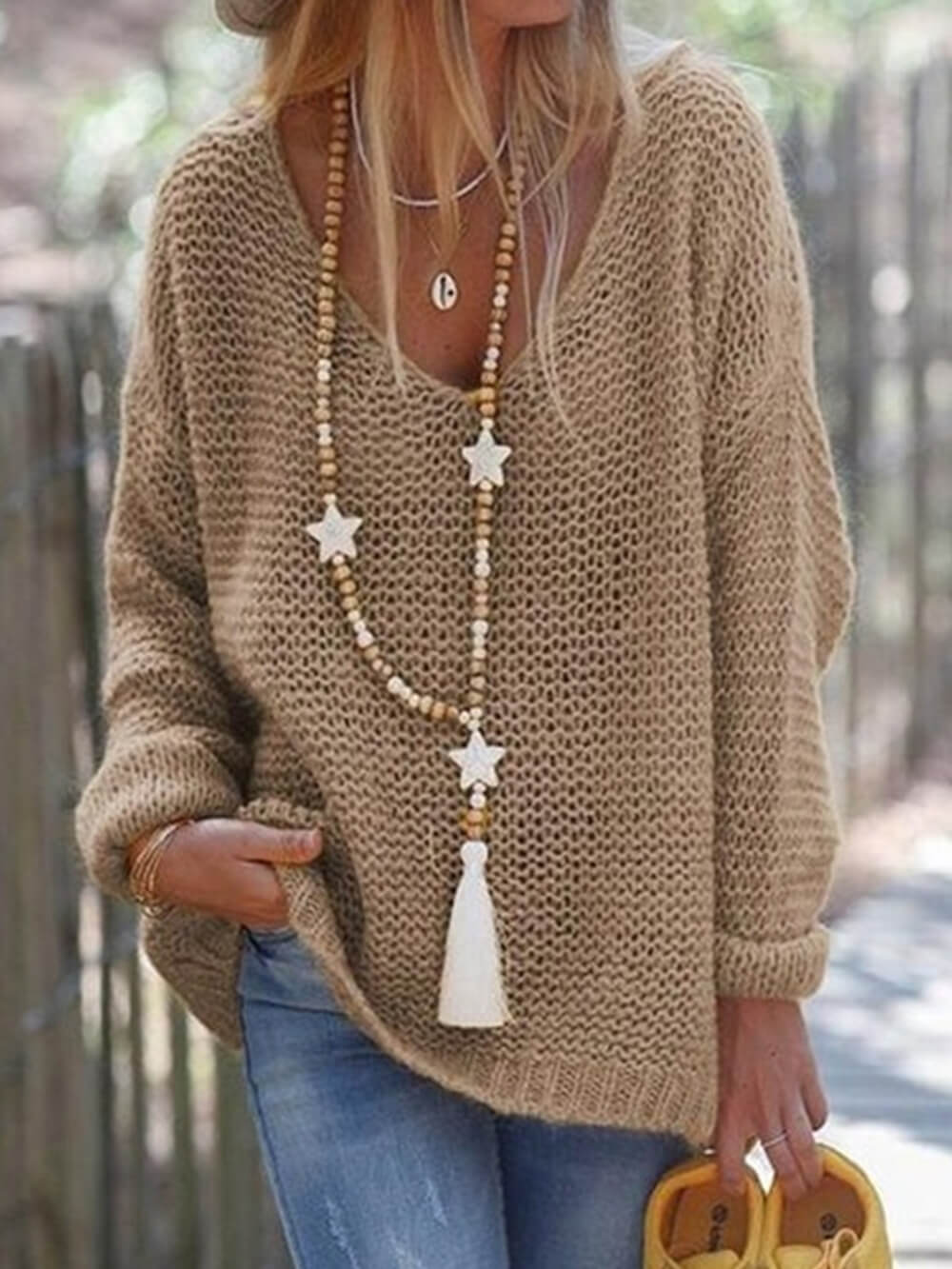 V-neck long-sleeved sweater