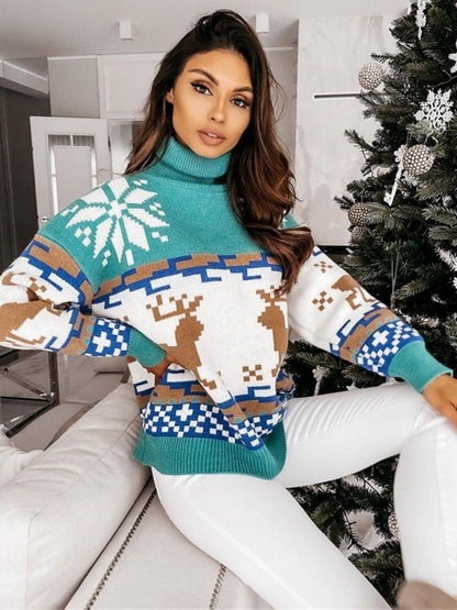 Knit Pullover with Embroidered Reindeer and Snowflake Design