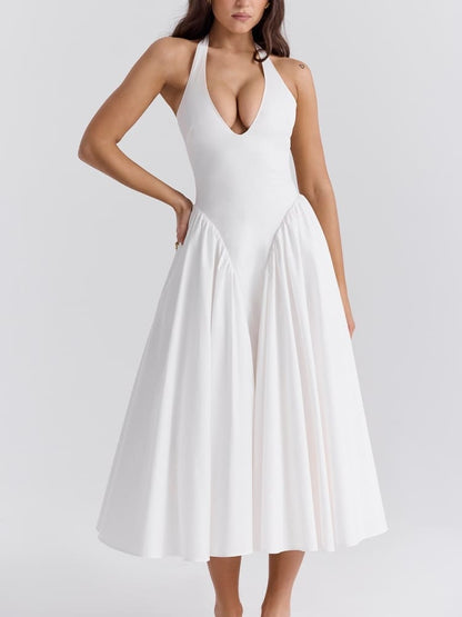 White Cotton Halter Midi Sundress