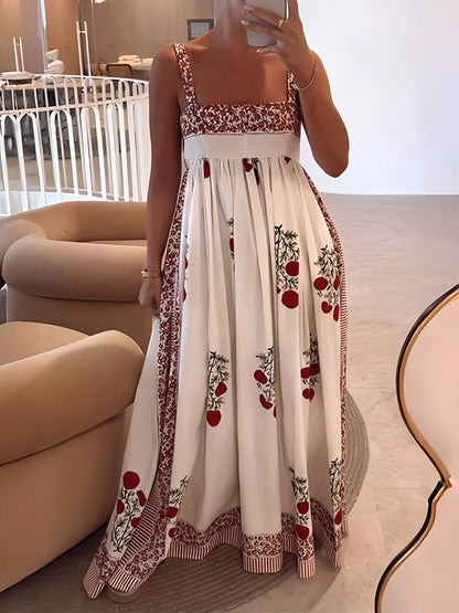 Square Neck Paneled Floral Print Maxi Dress