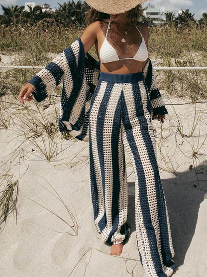 Fashion Loose V-Neck Hollow Out Striped Shirt Wide Leg Pants Set