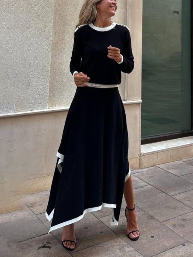 Elegant Contrast Color Irregular Sweater Skirt