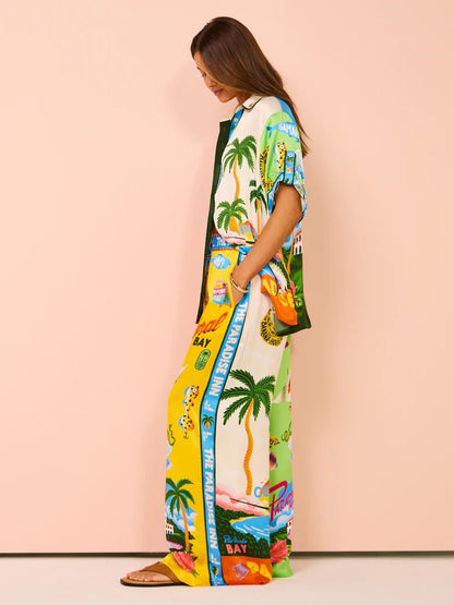 Vacation Leisure Loose Print Wide Leg Pants-Set