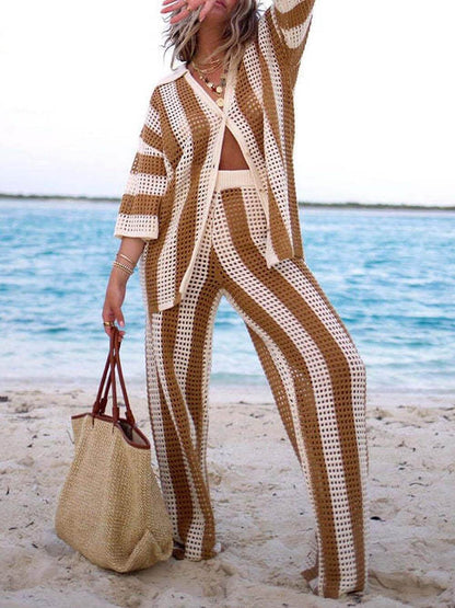 Fashion Loose V-Neck Hollow Out Striped Shirt Wide Leg Pants Set