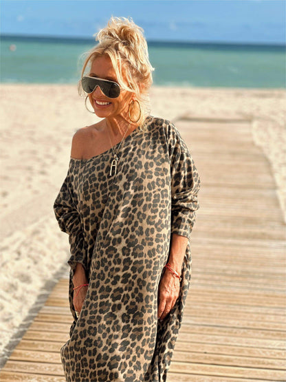 Camel Leopard Oversize Long Sleeve Dress