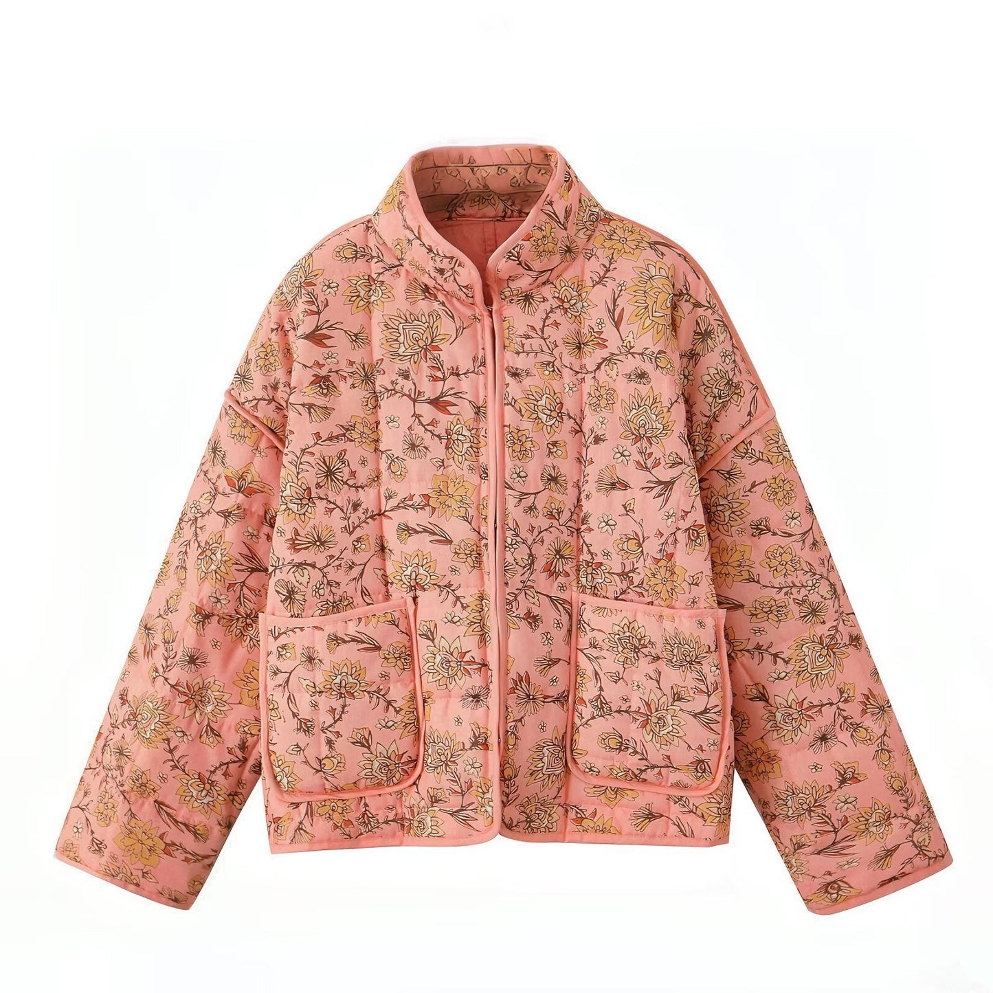 Floral Print Stand Collar Patchwork Jacket