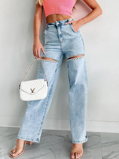 Rhinestone Detailed Distressed Straight Jeans