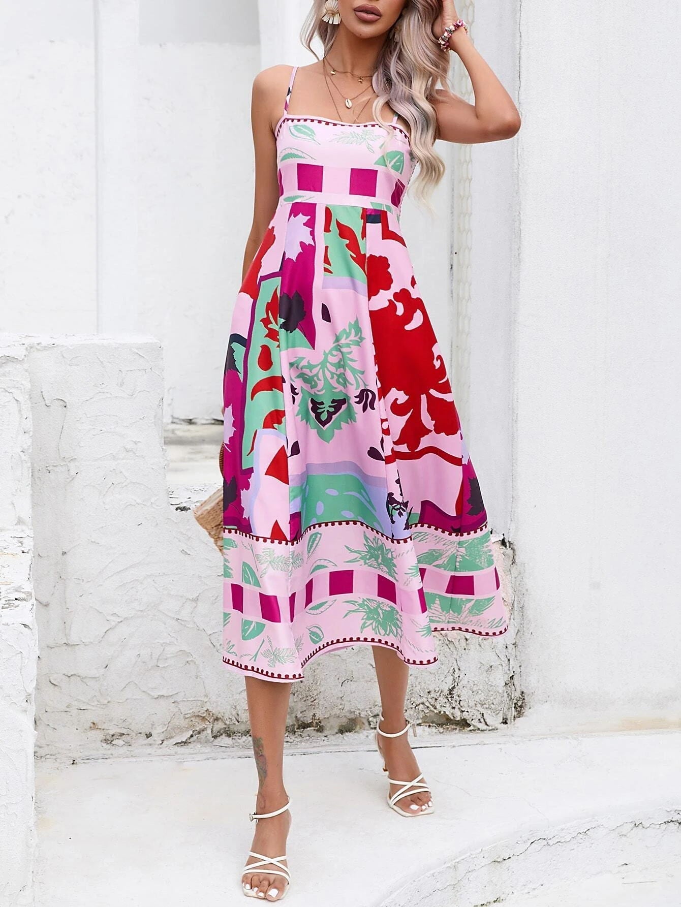 Patchwork Slip Maxi Dress: Abstract Colorful Printed