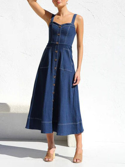 Denim Suspender Casual Button Midi Dress