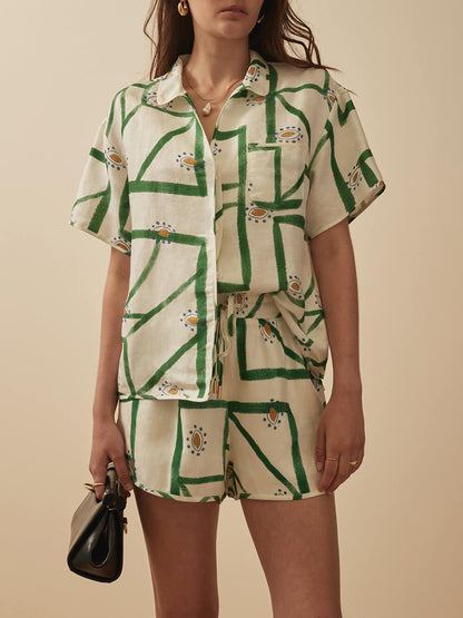 Unique Delicate Printed Loose Button Up Top Shorts Set