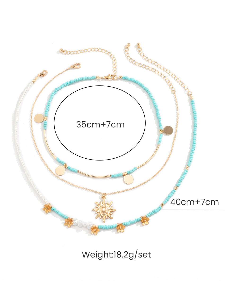 3pcs Sun & Floral Faux Pearl Beaded Necklace