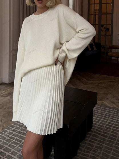 Solid Color Pullover Round Neck Sweater & Pleated Skirt Set