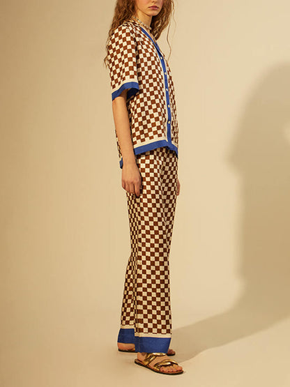 Unique Checkerboard Print Blue Stripe Splicing Loose Elastic Pants-Set