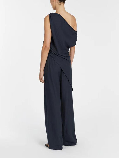 Asymmetrical Twist Detailing Top Linen Blend Pants Set