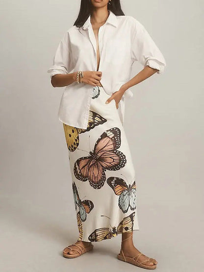 Short Cashmere Sweater & Butterfly Print Maxi Skirt