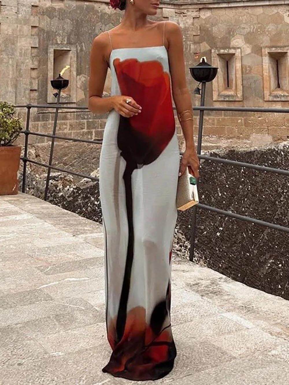 Vacation Abstract Tulip Print Slip H-Line Maxi Dress