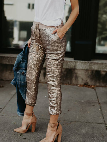 Sequined Elastic Waist Tie Trousers