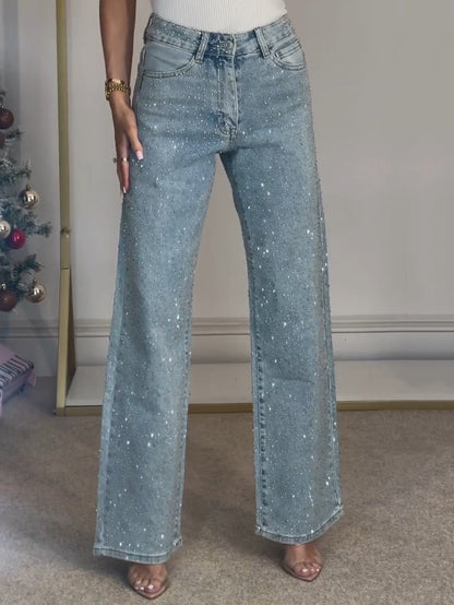 High Waisted Diamanté Straight Leg Jeans