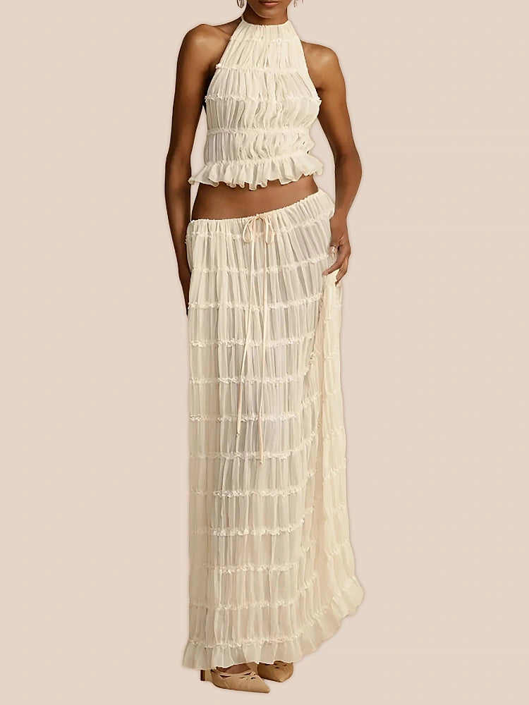 Charm Pleated Drawstring Waist Tiered Maxi Skirt