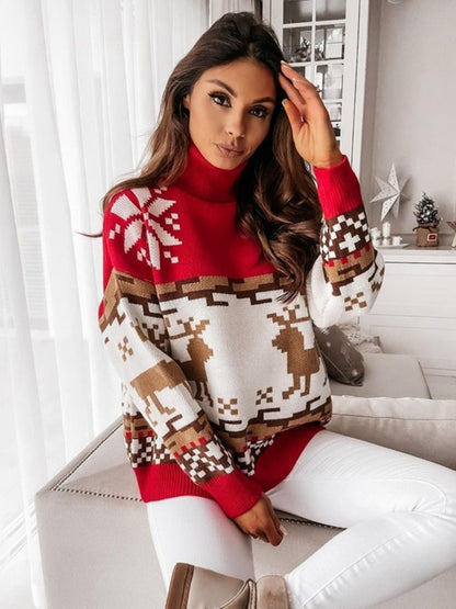 Knit Pullover with Embroidered Reindeer and Snowflake Design