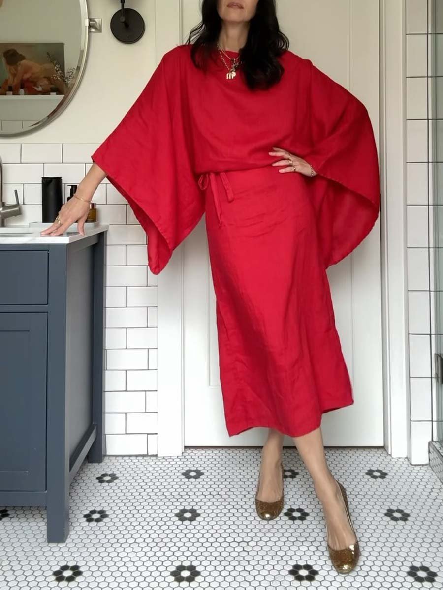 Crimson Linen Breeze Kimono Dress