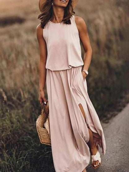 Loose Waisted Round Neck Sleeveless Slit Dress