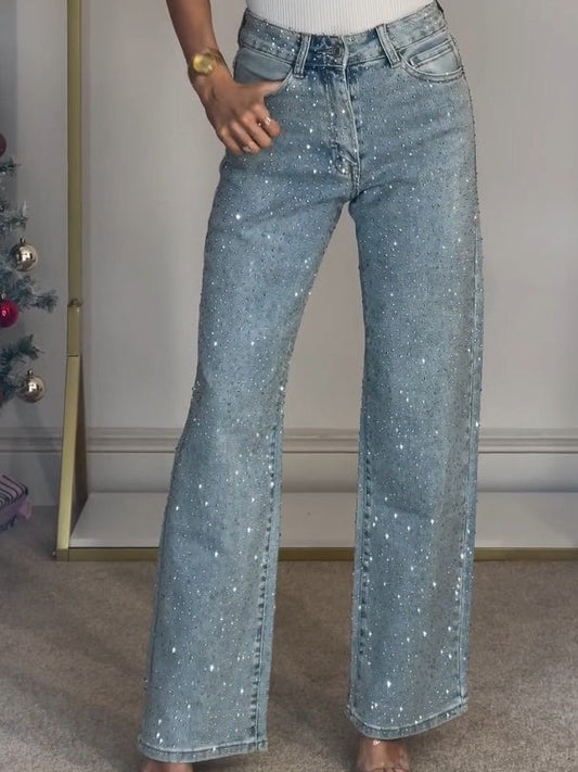 High Waisted Diamanté Straight Leg Jeans