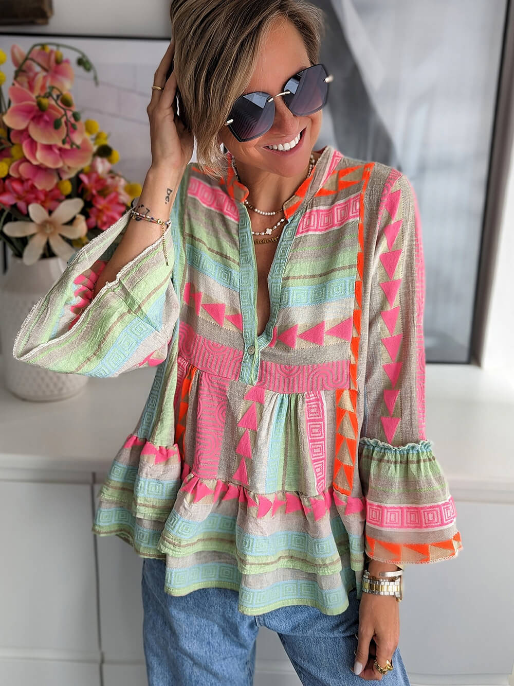 Colorful Ethnic Bell Sleeve Babydoll Top