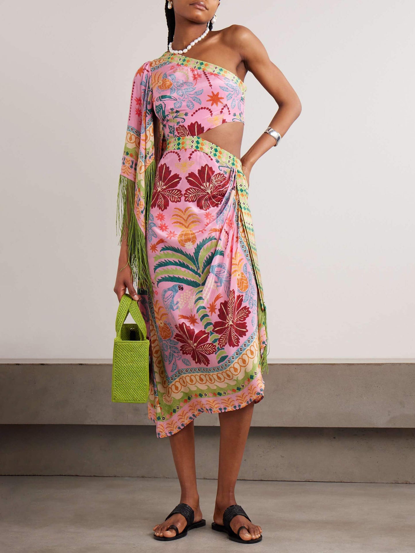 Fine Satin Art Palm Tree Floral Print Fringed Midi Dress