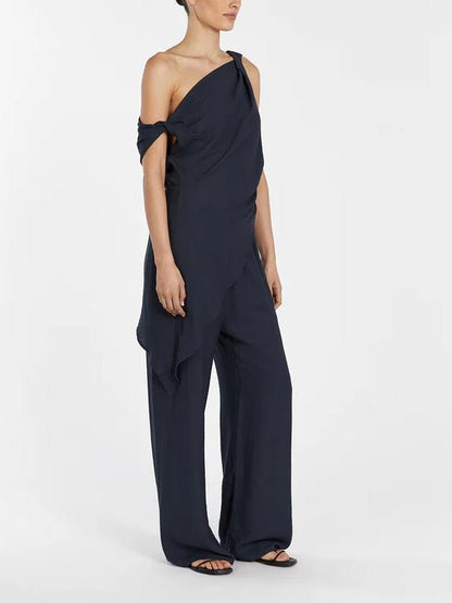 Asymmetrical Twist Detailing Top Linen Blend Pants Set