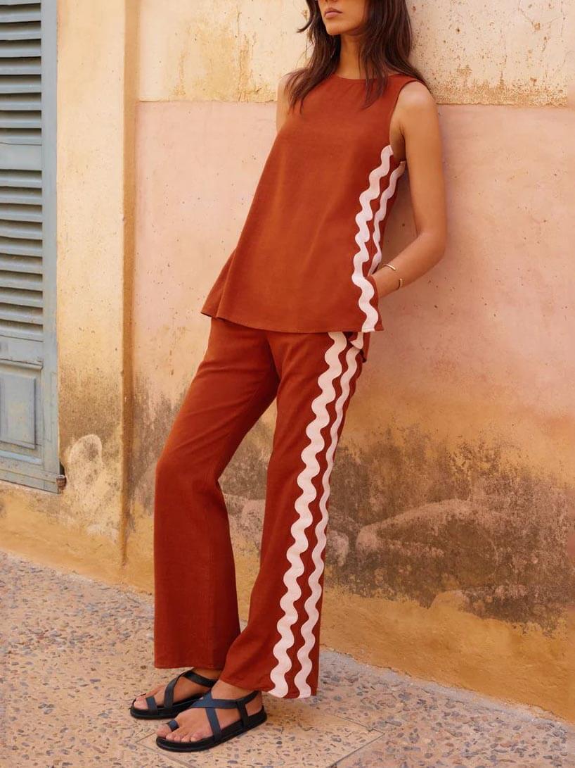 Sleeveless Loose Slit Top And Wide-Leg Pants Set