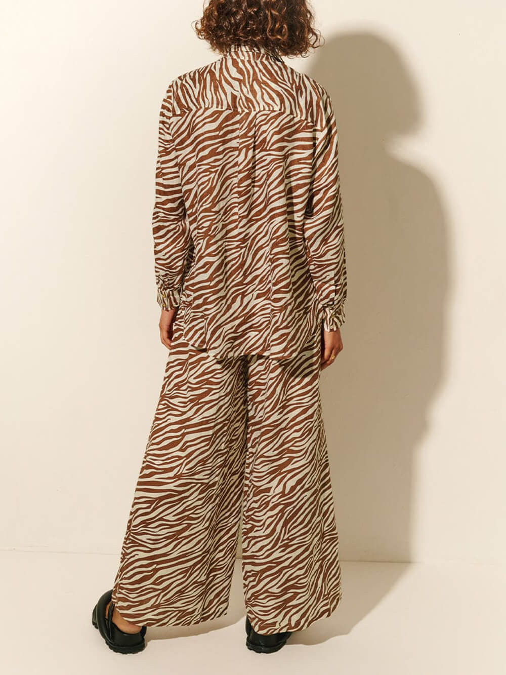 Button Open Collar Loose Zebra Print Drawstring Wide Leg Pants-Set