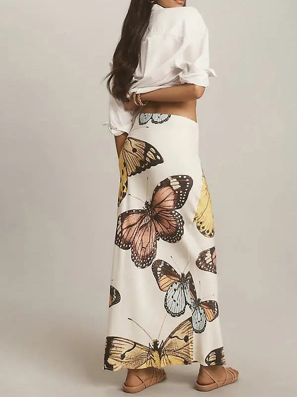 Short Cashmere Sweater & Butterfly Print Maxi Skirt