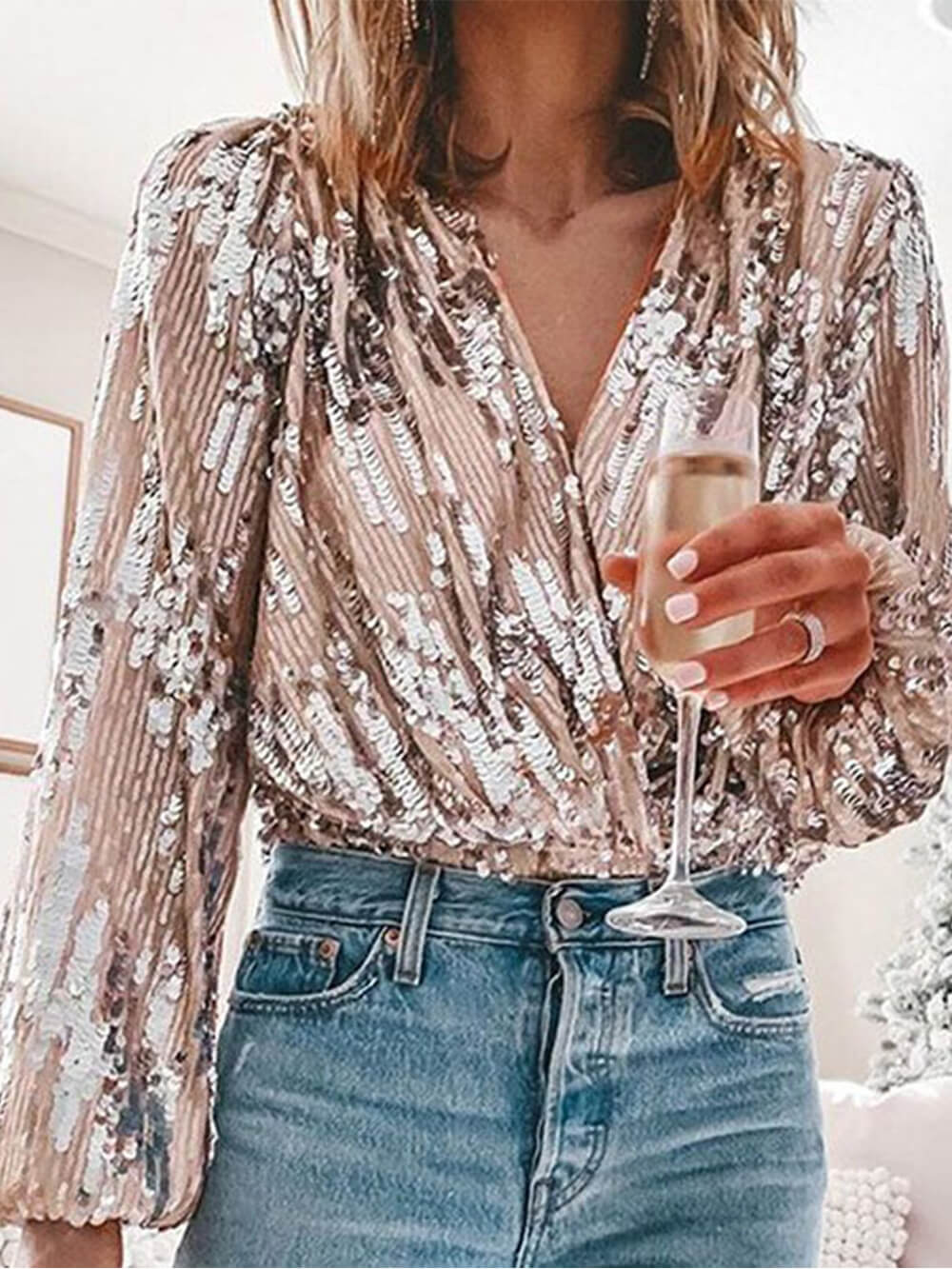 Elegant Patchwork Fold Sequins V Neck Blouses