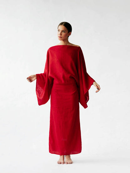 Crimson Linen Breeze Kimono Dress