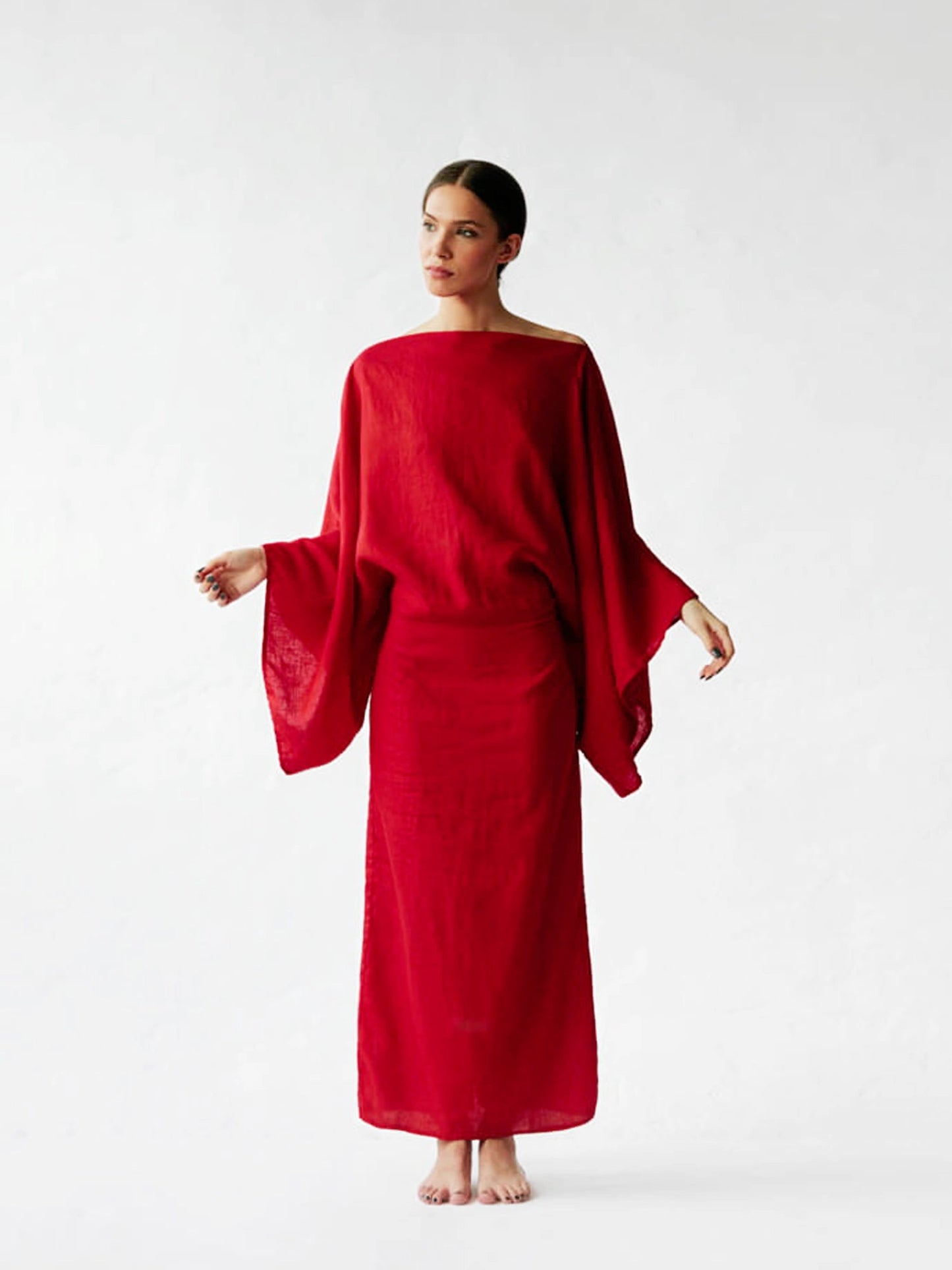 Crimson Linen Breeze Kimono Dress