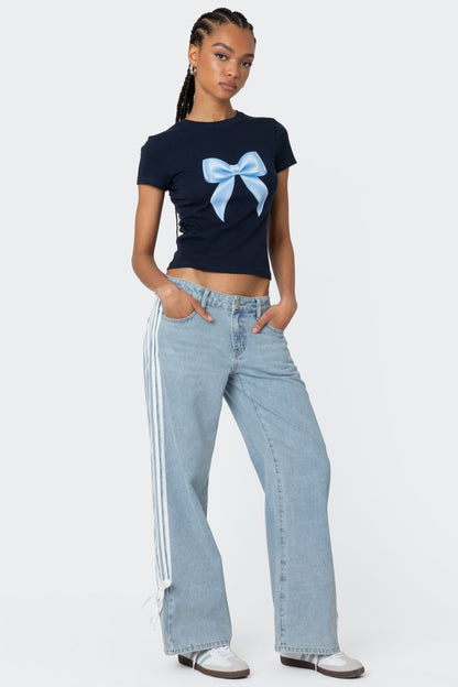 Low Waist Loose Side Striped Bow Wide-Leg Jeans