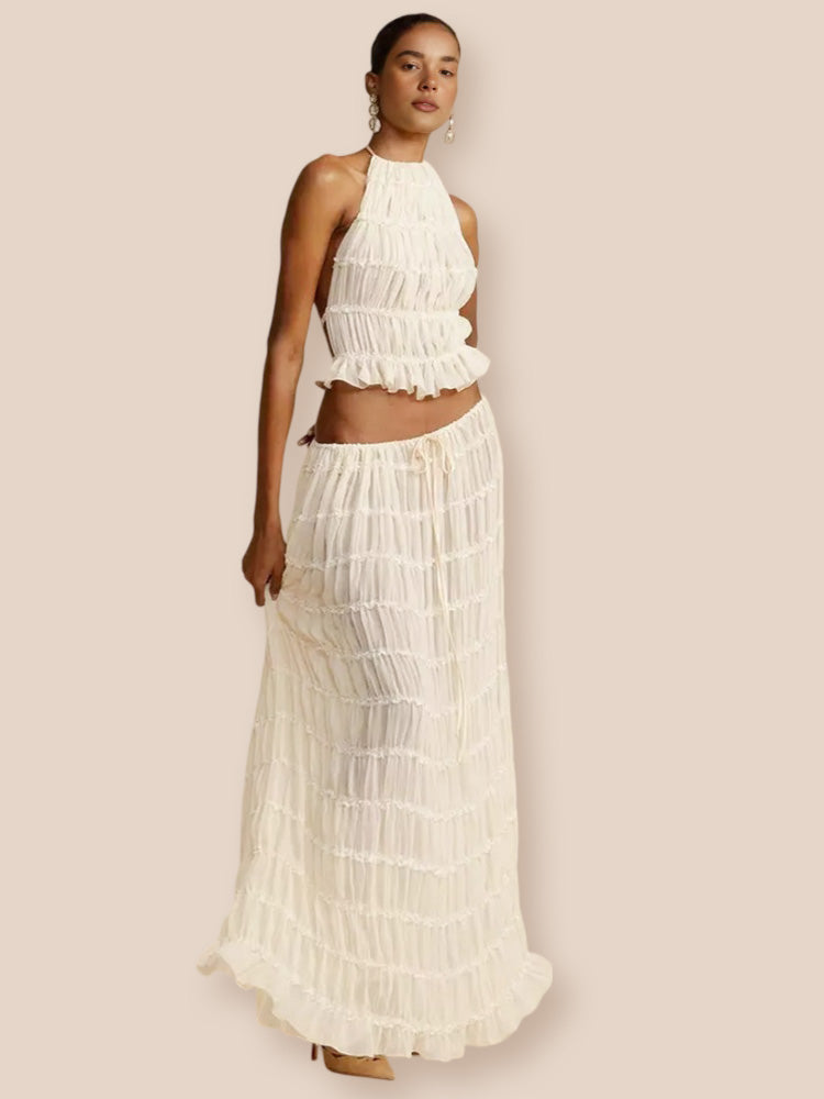 Charm Pleated Drawstring Waist Tiered Maxi Skirt