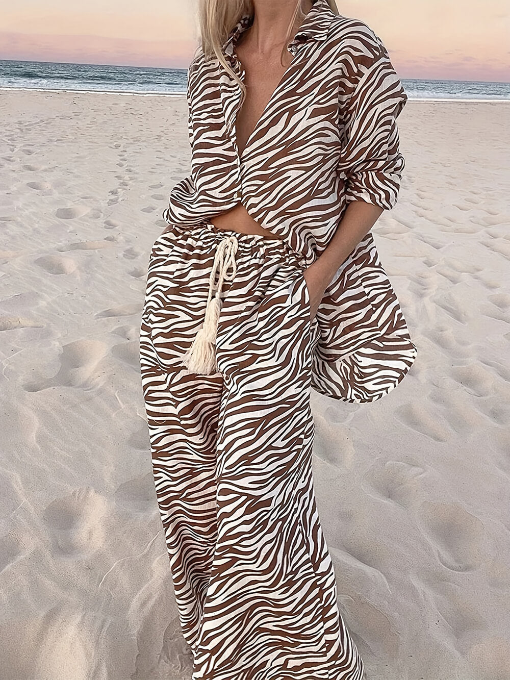 Button Open Collar Loose Zebra Print Drawstring Wide Leg Pants-Set