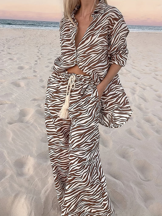 Button Open Collar Loose Zebra Print Drawstring Wide Leg Pants-Set