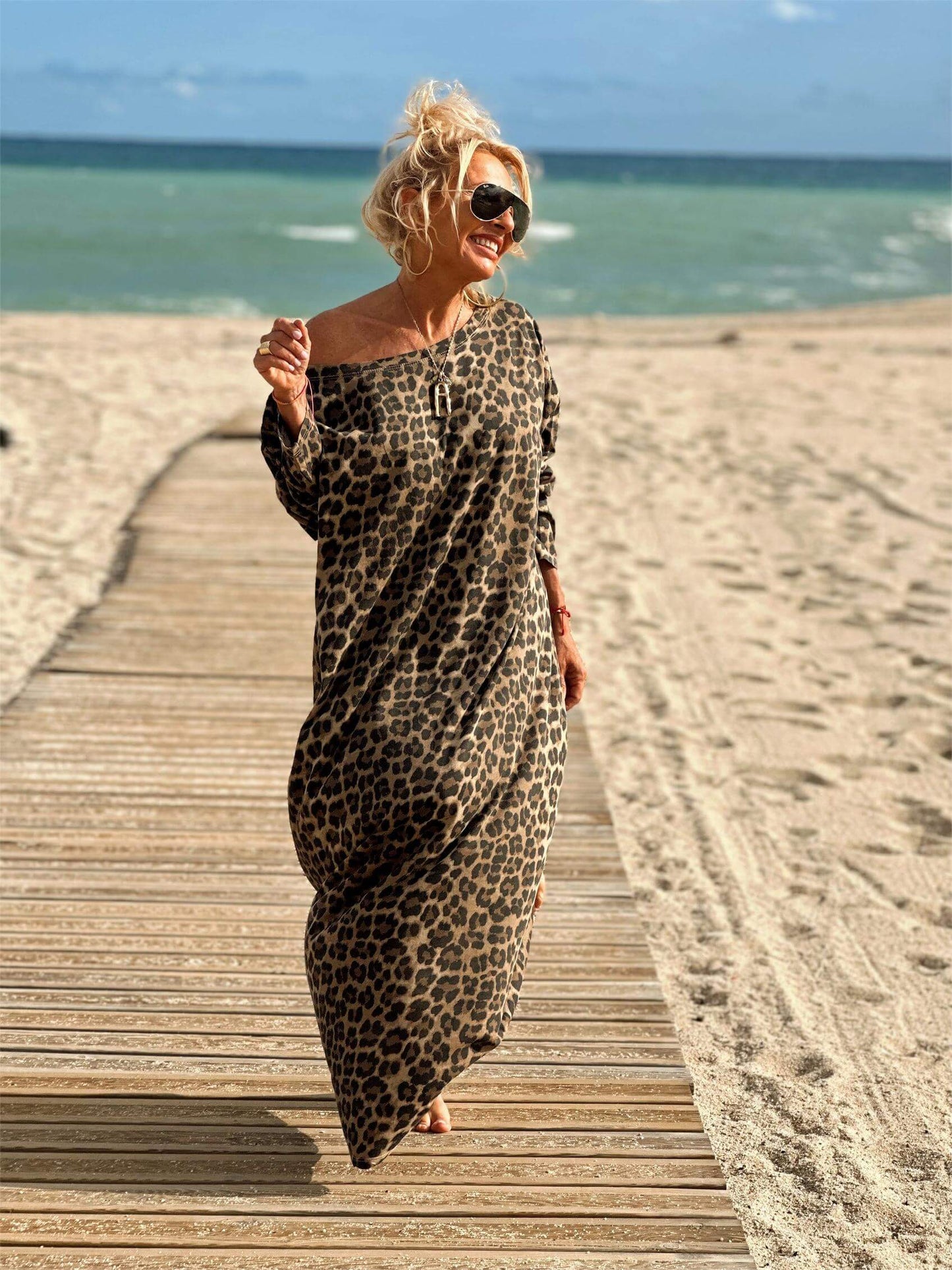 Camel Leopard Oversize Long Sleeve Dress