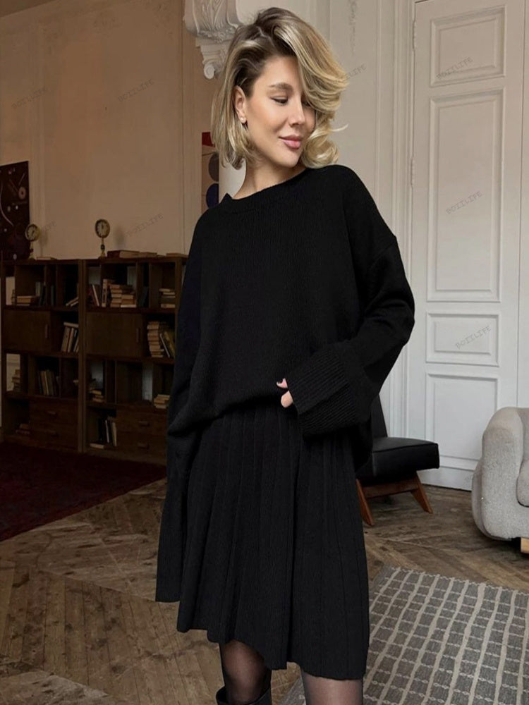 Solid Color Pullover Round Neck Sweater & Pleated Skirt Set