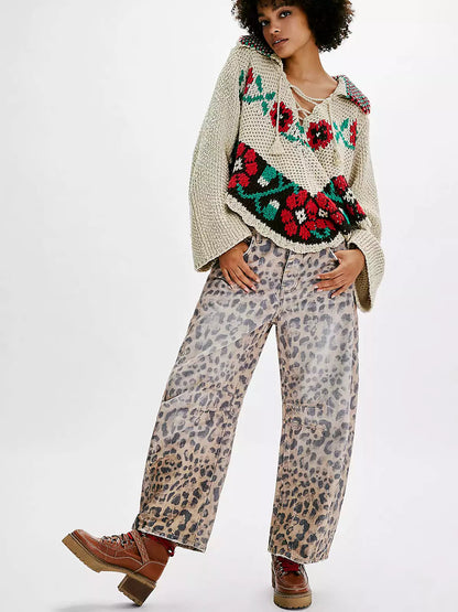 Leopard Print Barrel Jeans