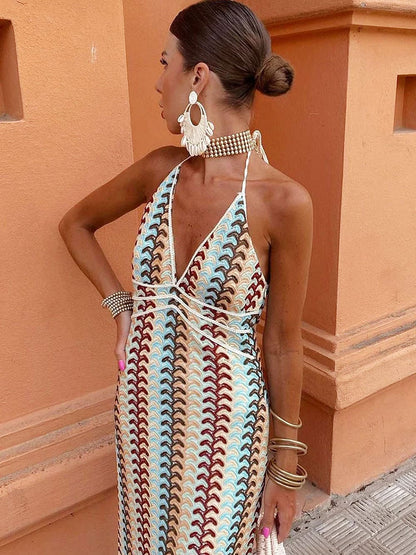 Halter V Neck Backless Boho Pattern Knit Slim-Fit Vacation Maxi Dresses-Beige