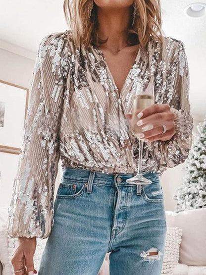 Elegant Patchwork Fold Sequins V Neck Blouses