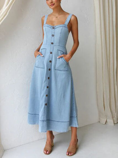 Denim Suspender Casual Button Midi Dress