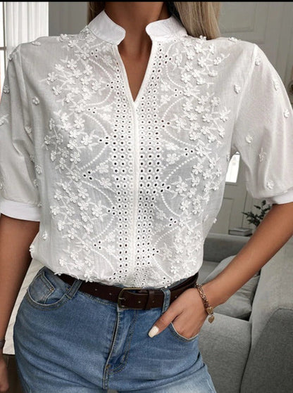 V-Neck Stand Collar Embroidered Lace Shirt