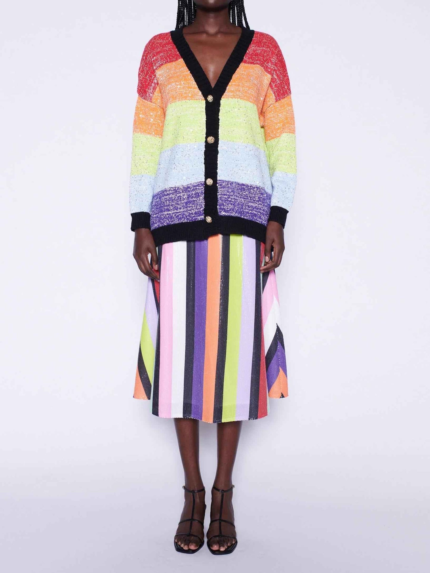 Rainbow Stripe Sequins Cardigan & Multi Sequin Stripe Skirt